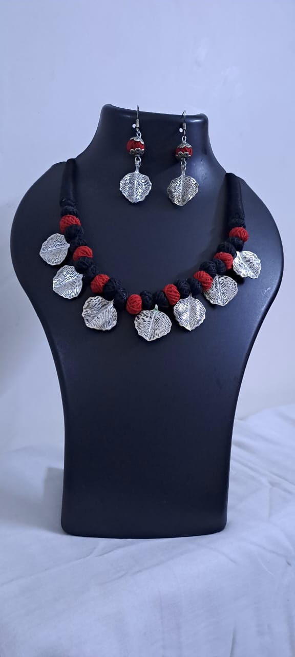 Exclusive Thread Necklace with Silver Oxidised Pendants and Matching Earrings