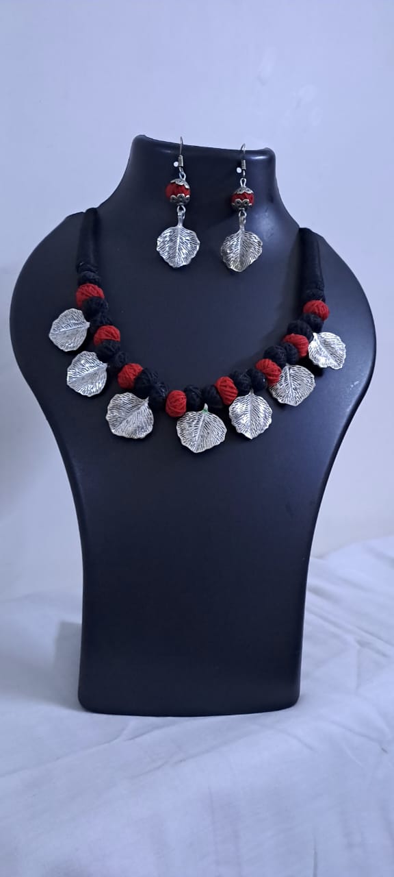 Exclusive Thread Necklace with Silver Oxidised Pendants and Matching Earrings