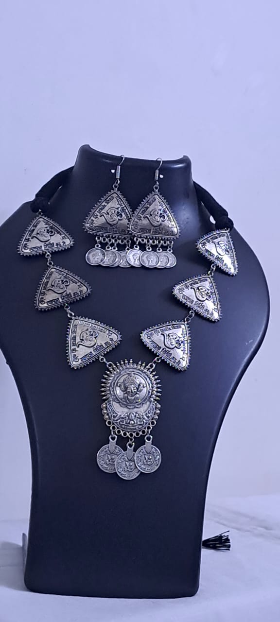 Silver Oxidised Long Necklace Set with Matching Earrings