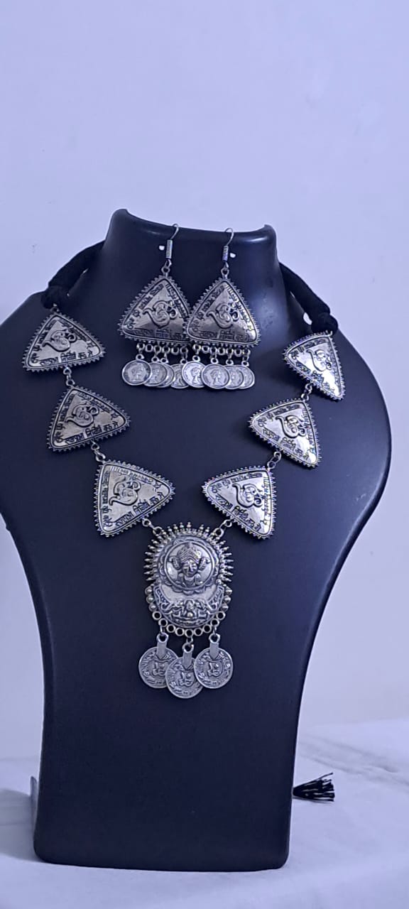 Silver Oxidised Long Necklace Set with Matching Earrings