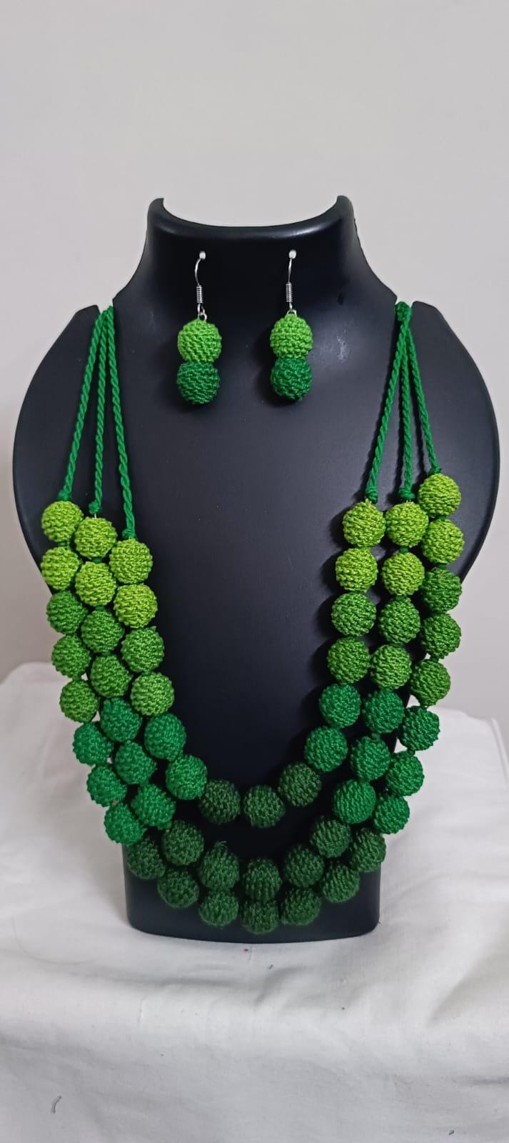 Exclusive 3 layered  green thread beads necklace set with matching earrings