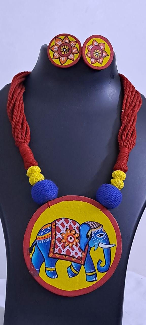 Handpainted fabric jewellery set with matching earrings
