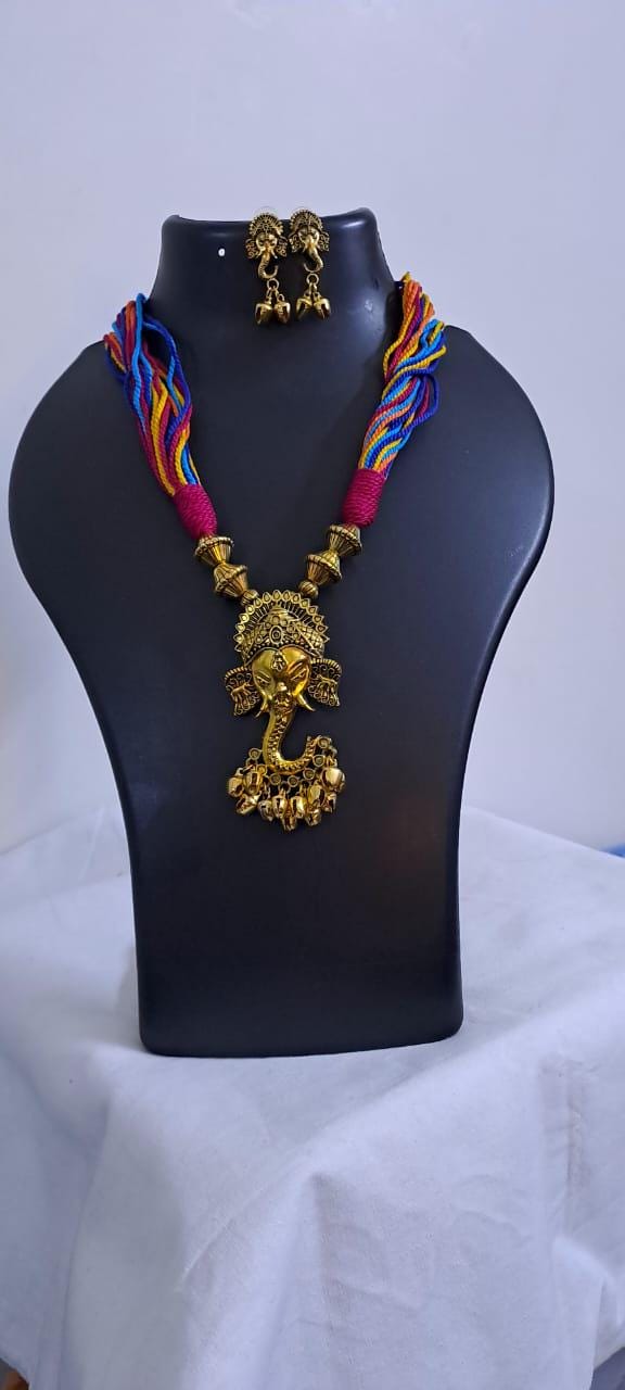 Multicoloured thread necklace with Golden oxidised traditional pendant