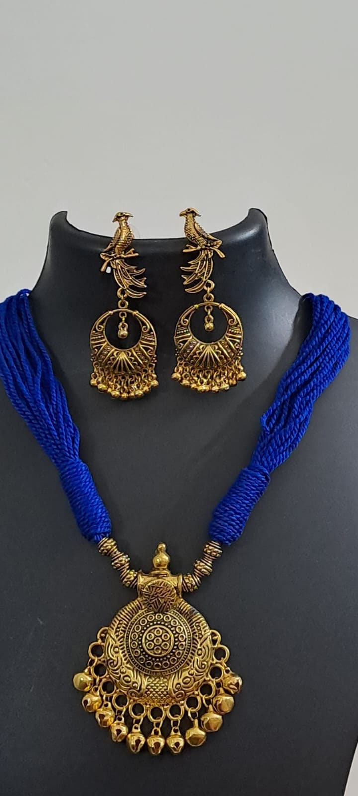 Blue thread necklace with Golden oxidised traditional pendant