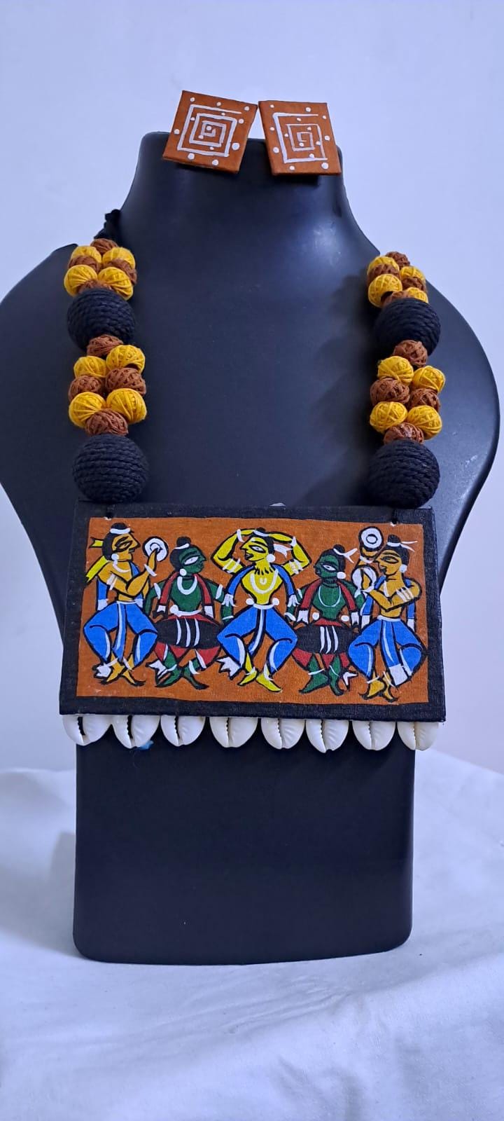 Handpainted fabric necklace set with earrings
