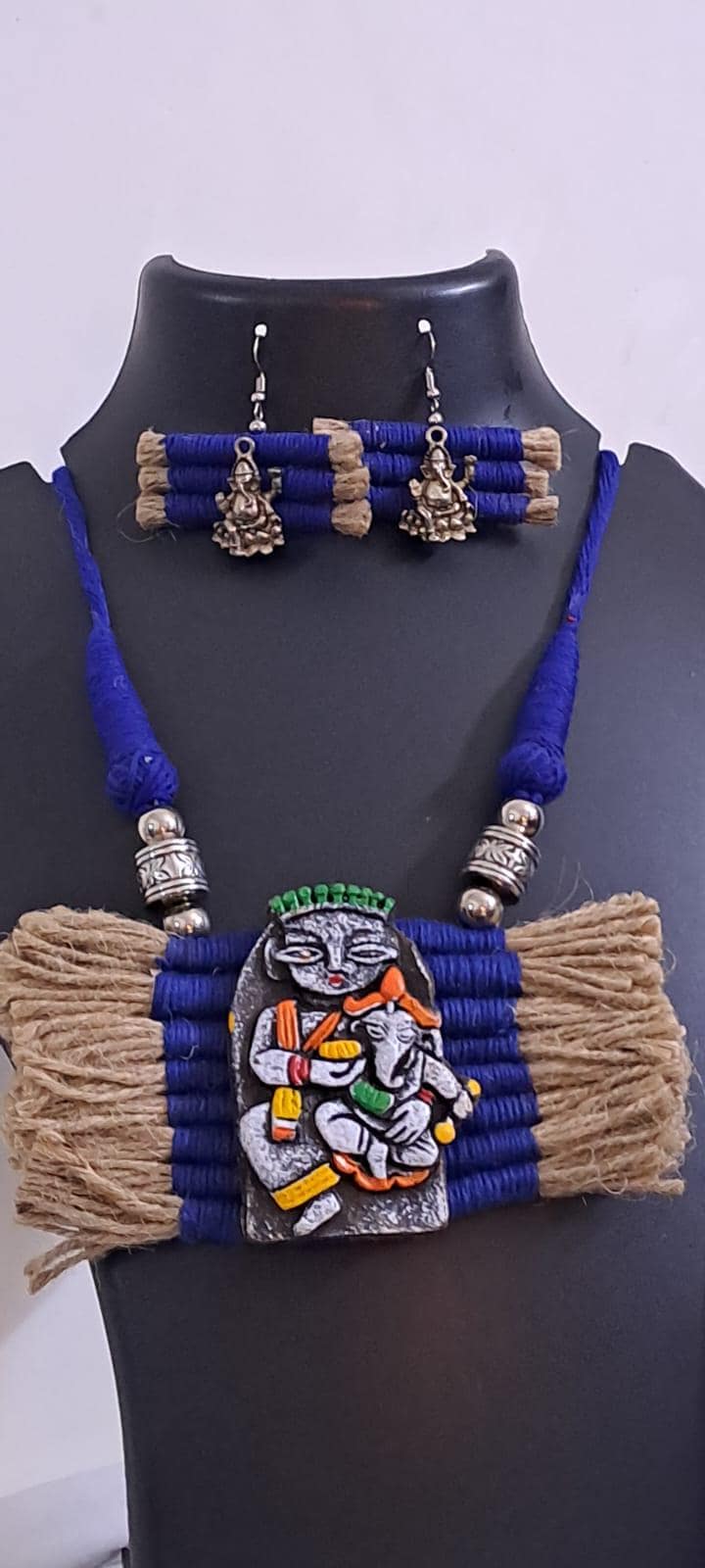 Terracotta Ganesha & Parvati pendant jute necklace set with matching earrings
