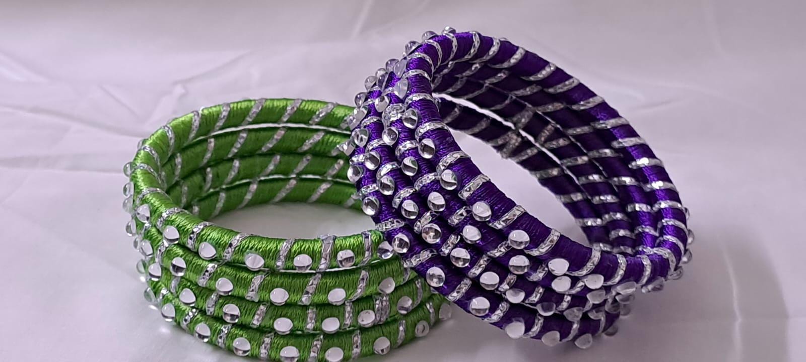 Purple and Green colour traditional kundan n gotta patti bangles with zari box  (set of 8 bangles)