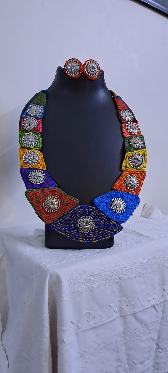 Exclusive  necklace set with multiple thread n  silver oxidised pendants n matching earrings