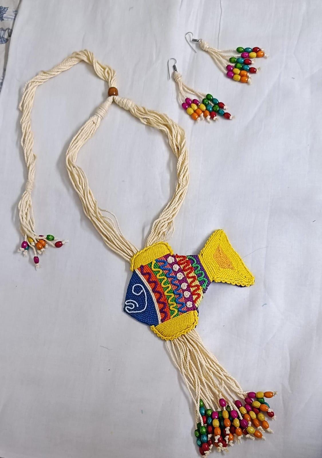 Multi colour thread fish pendant Jewellery. set with matching thread earrings