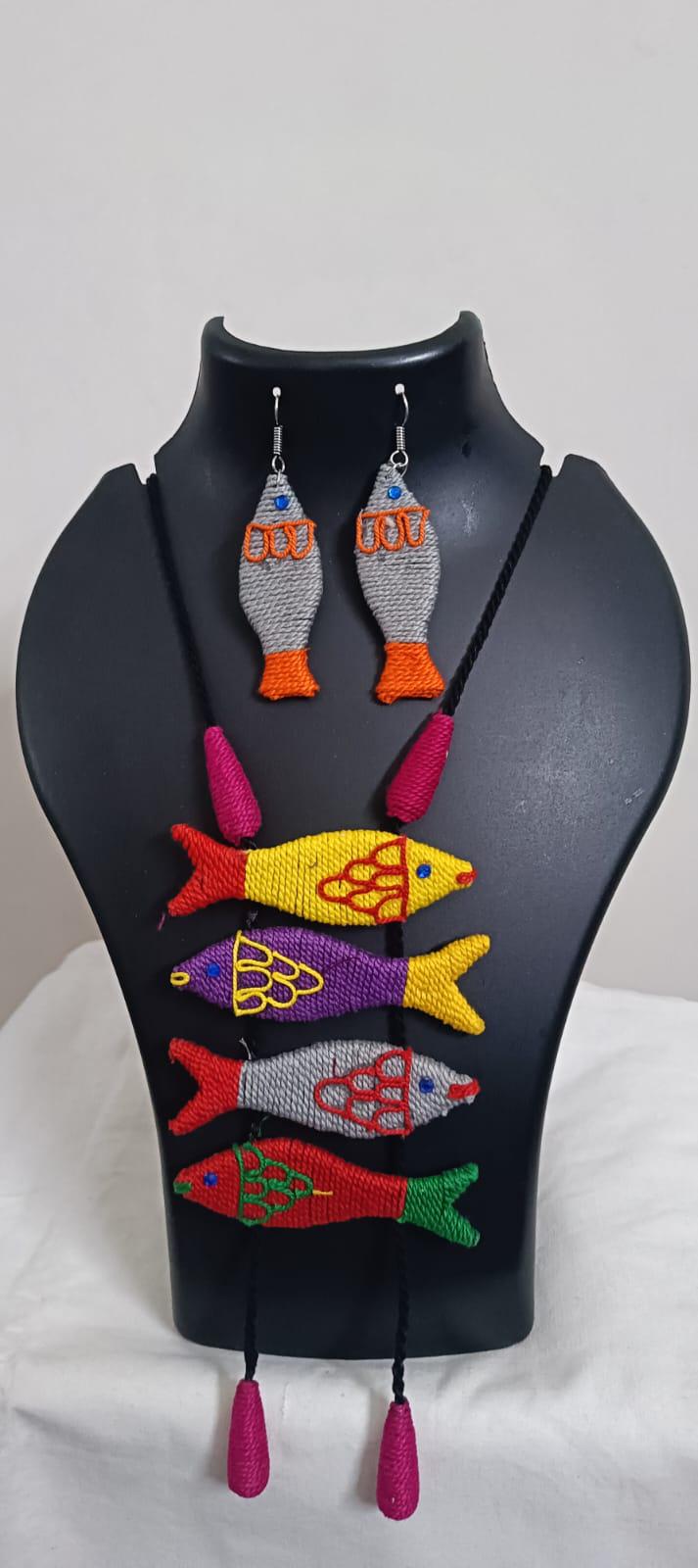 Multi colour crochet thread necklace with fish pendant and matching thread earrings
