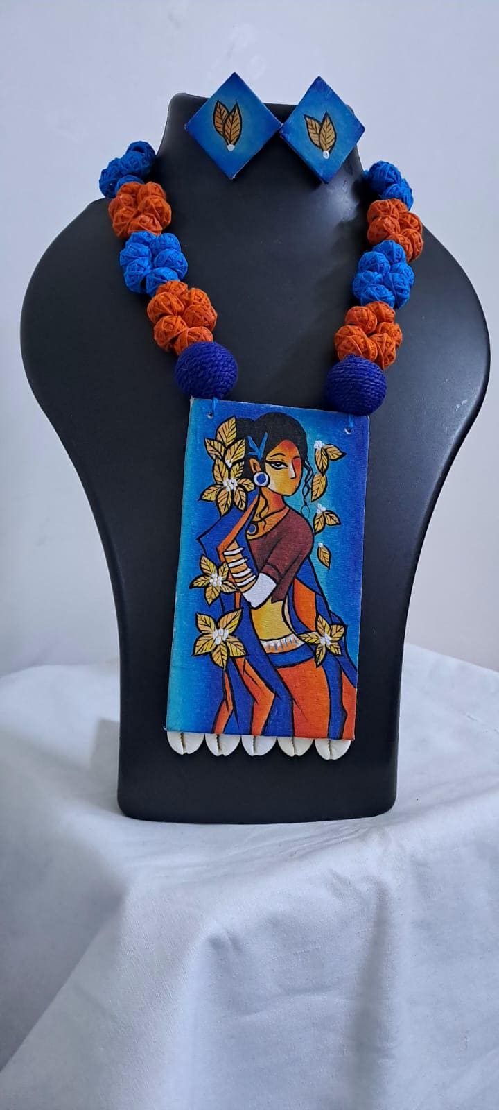 Handpainted fabric necklace set with earrings
