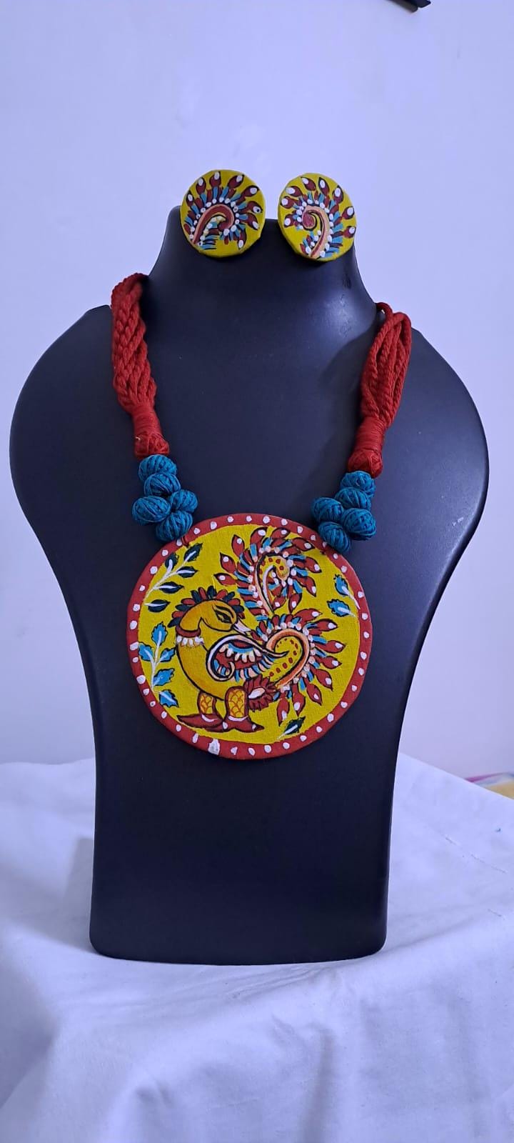 Handpainted fabric jewellery set with matching earrings