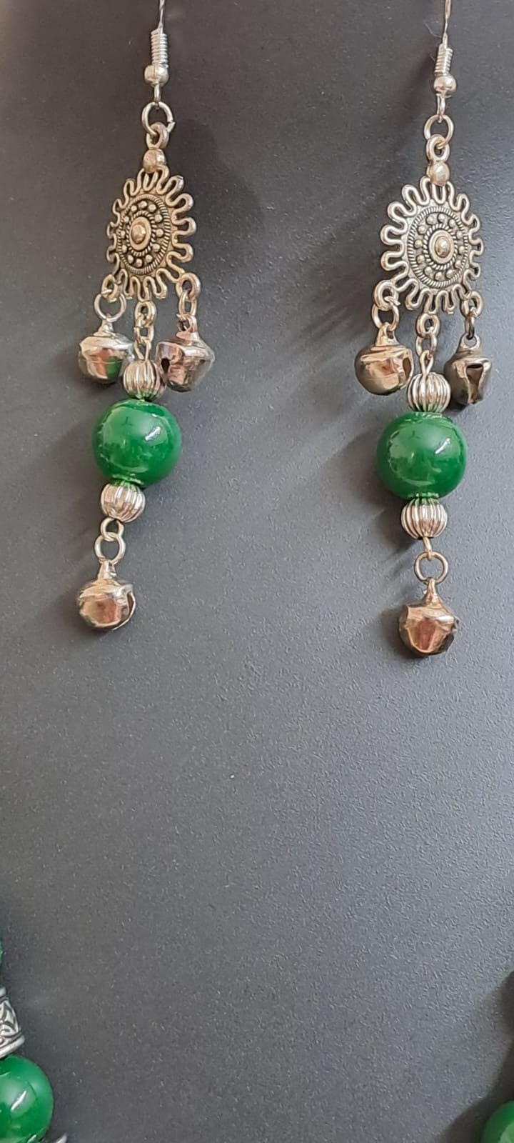 Green glass beads necklace with silver oxidised pendant