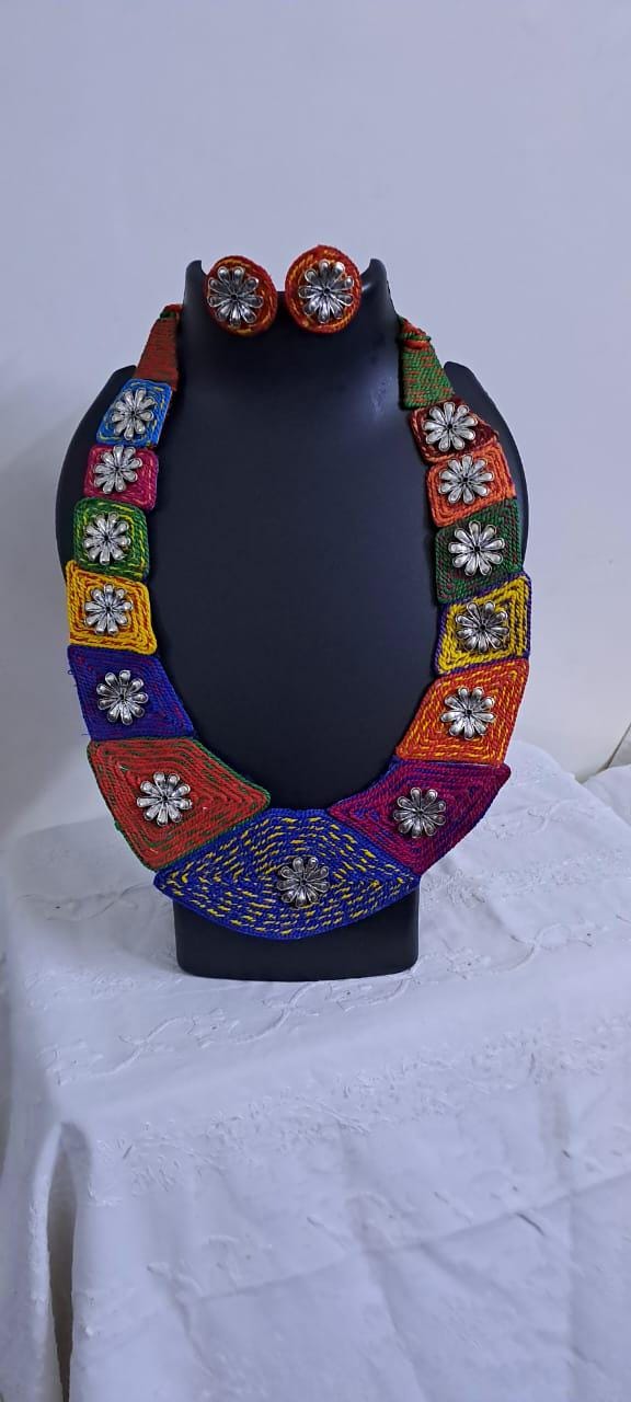 Exclusive  necklace set with multiple thread n  silver oxidised pendants n matching earrings