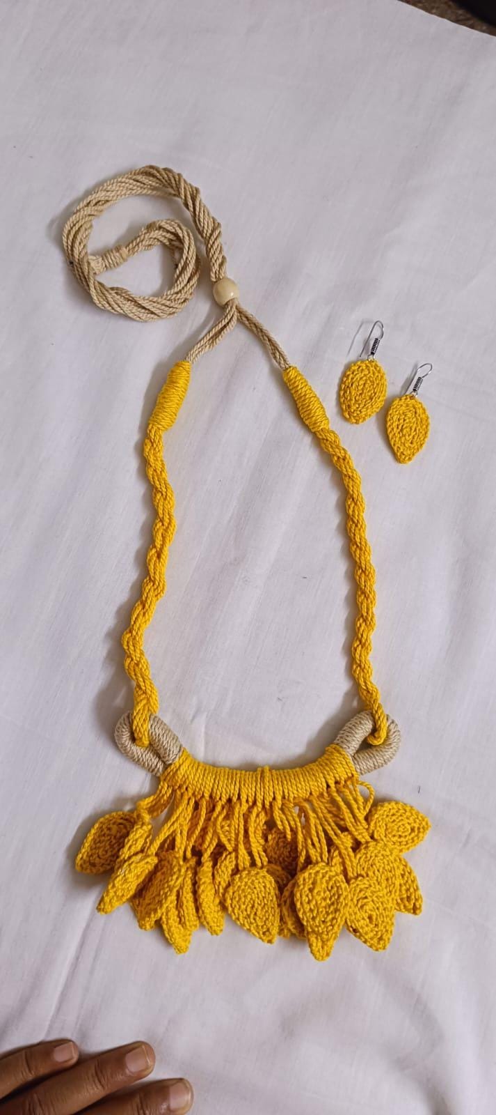 Yellow Crochet thread necklace set with leaf fringes and matching earrings