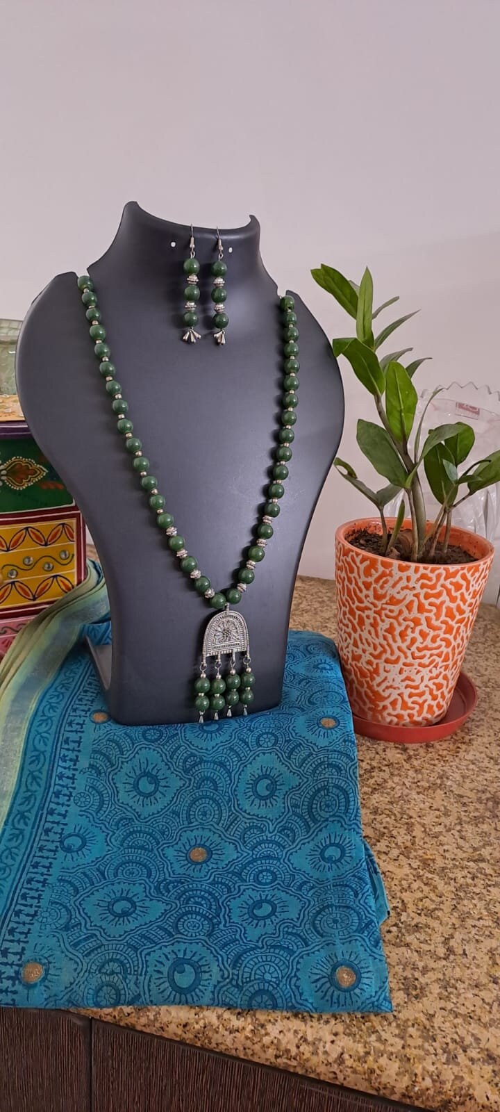 Green glass beads necklace with silver oxidised pendant