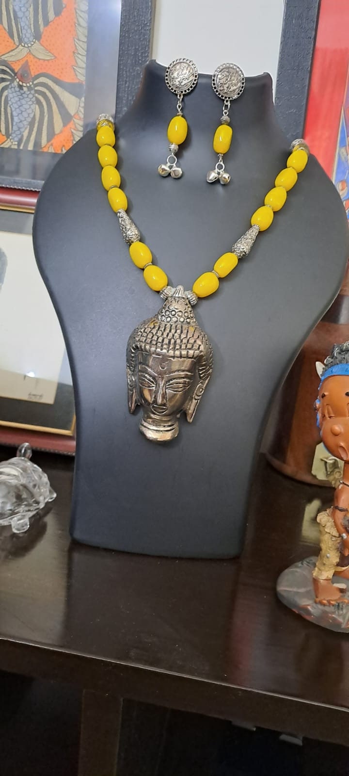 Yellow glass beads necklace with buddha pendant