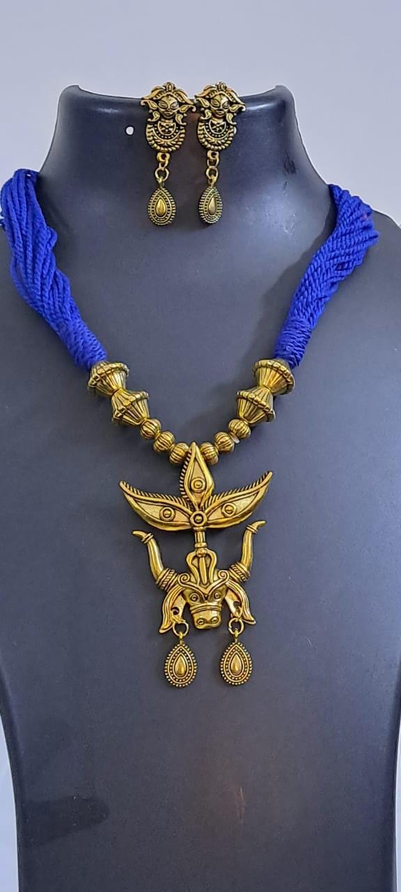 Blue thread necklace with Golden oxidised traditional pendant