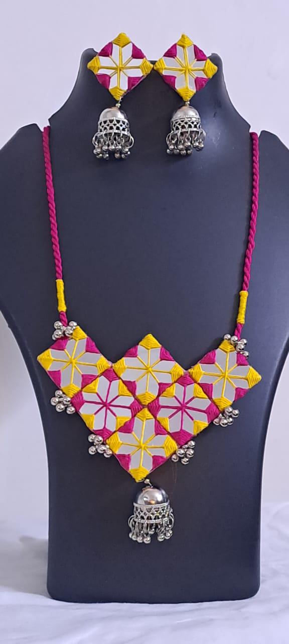 Kutchwork glass necklace set with matching earrings