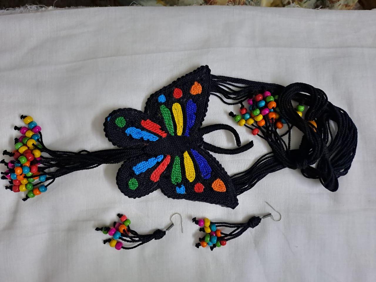 Handmade thread necklace set with butterfly pendant n matching beads earrings