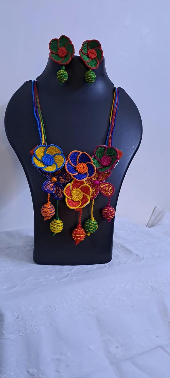 Multi colour flower thread necklace with thread bead fringes and matching earrings