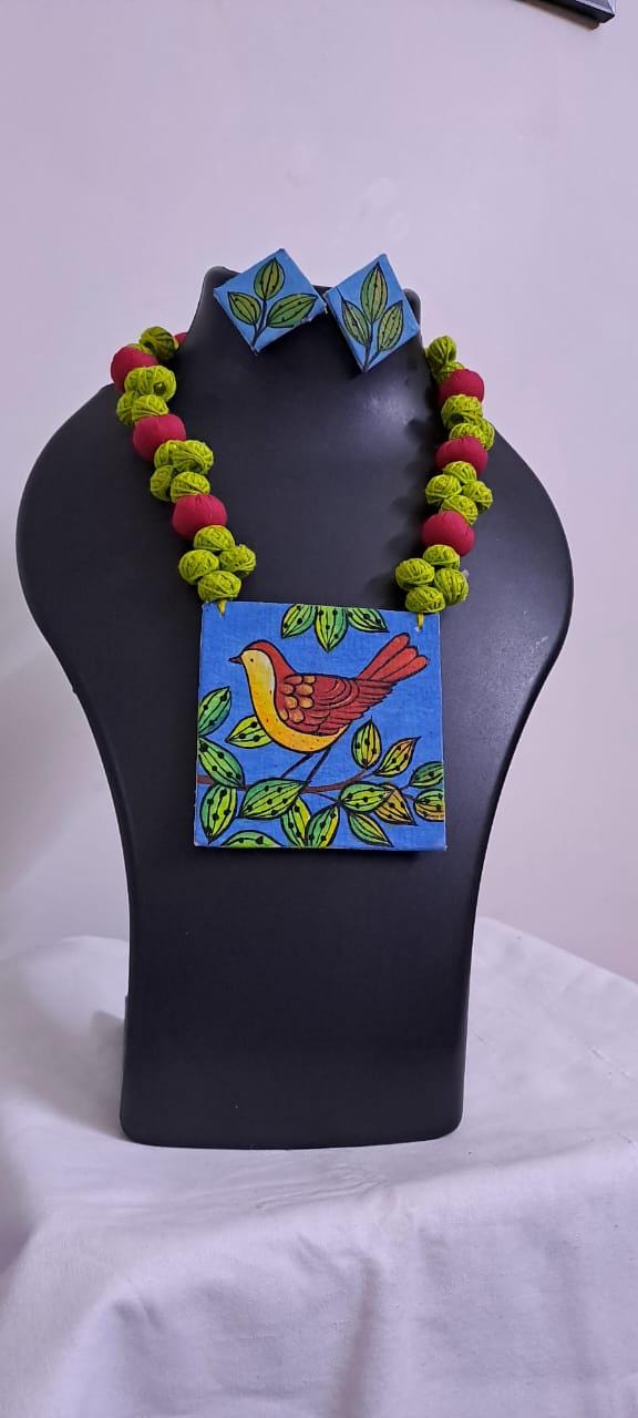 Handpainted fabric jewellery set with matching earrings