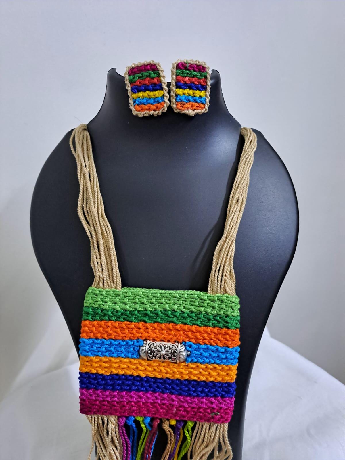 Multi colour crochet thread necklace with thread danglers and matching thread earrings