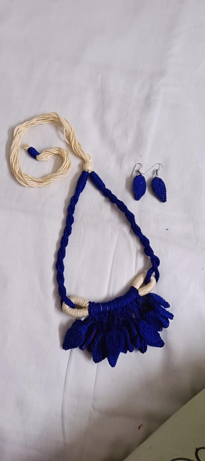 Dark Blue Crochet thread necklace set with leaf fringes and matching earrings