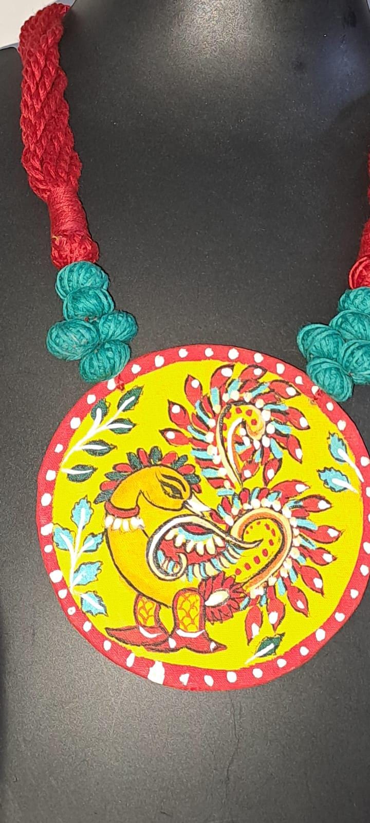 Handpainted fabric necklace set with earrings