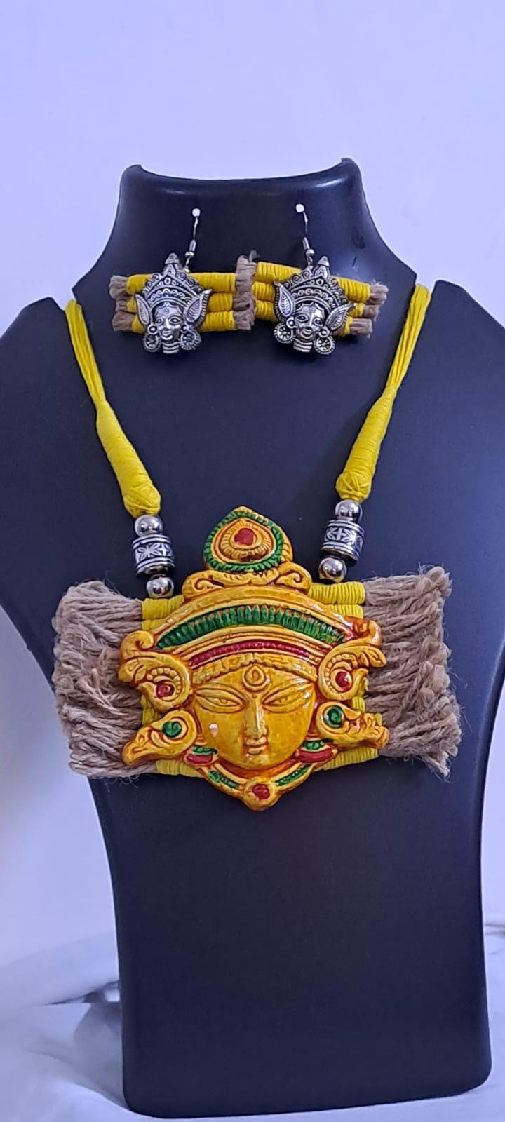 Terracotta Durga pendant jute necklace set with matching earrings