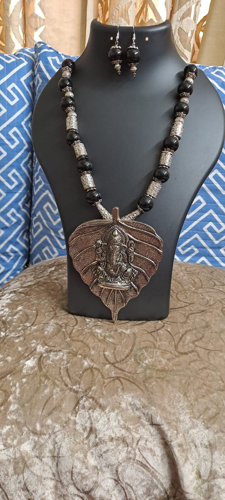 Black glass beads necklace with silver oxidised ganesha pendant