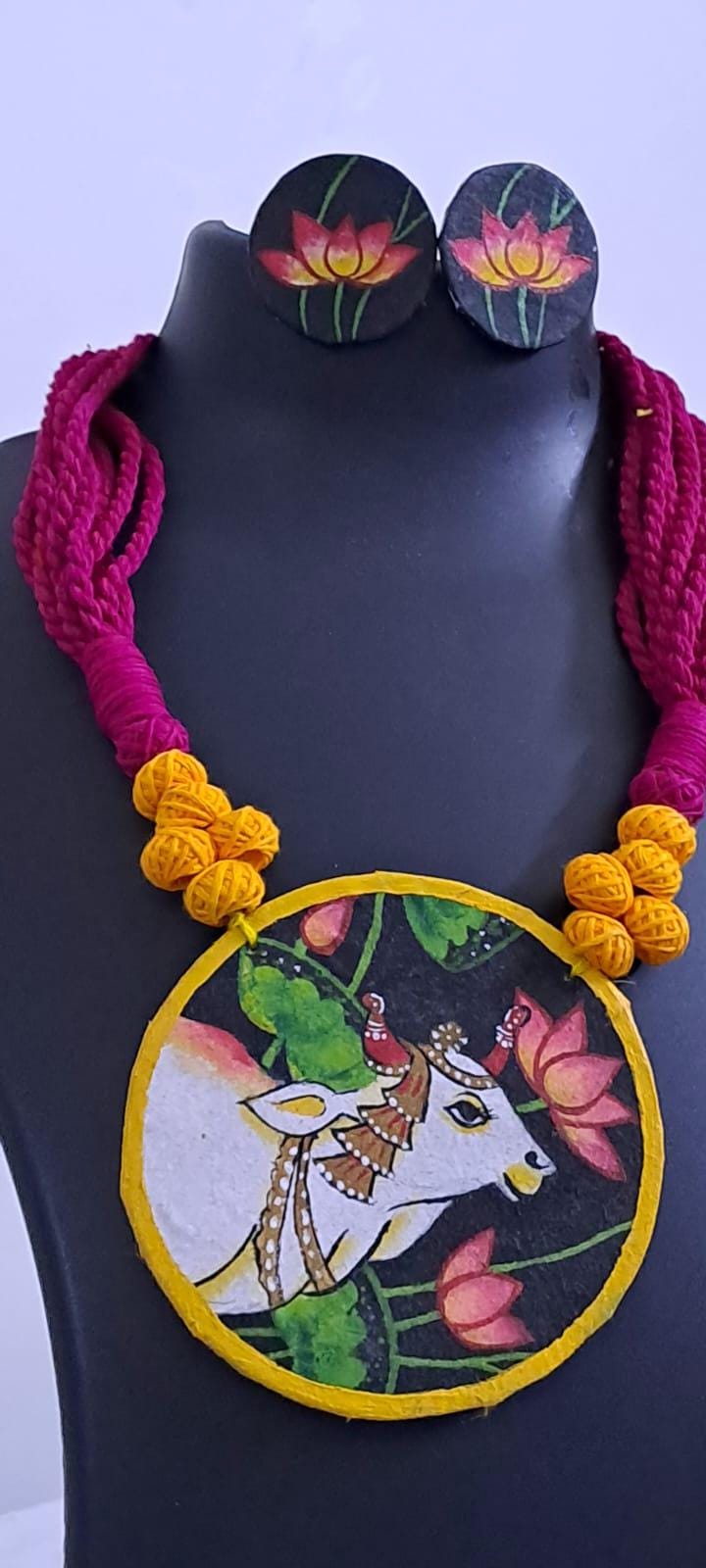 Handpainted fabric jewellery set with matching earrings