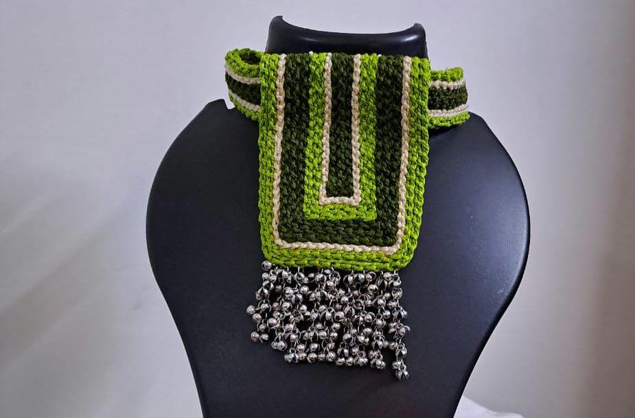 Green Crochet thread necklace set with matching earrings