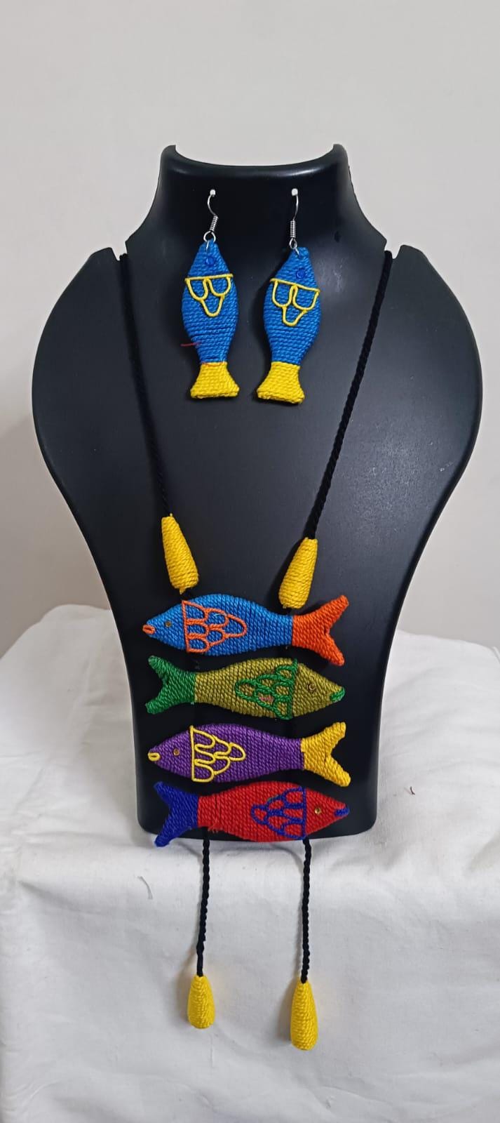 Multi colour crochet thread necklace with fish pendant and matching thread earrings