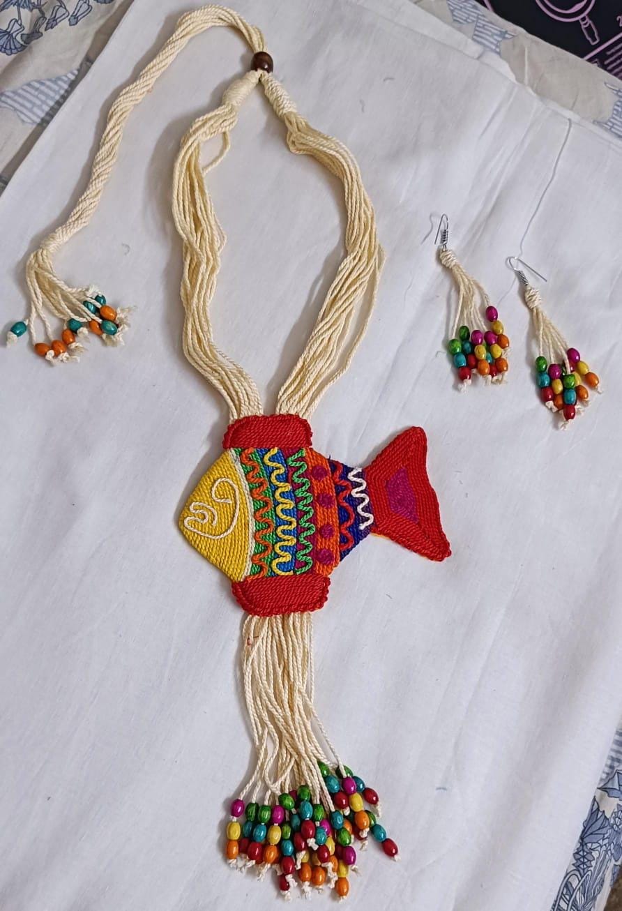 Multi colour thread fish pendant Jewellery. set with matching thread earrings