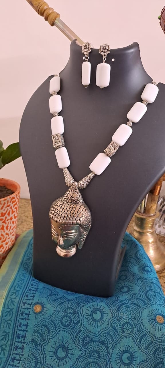 white square glass beads necklace with buddha pendant