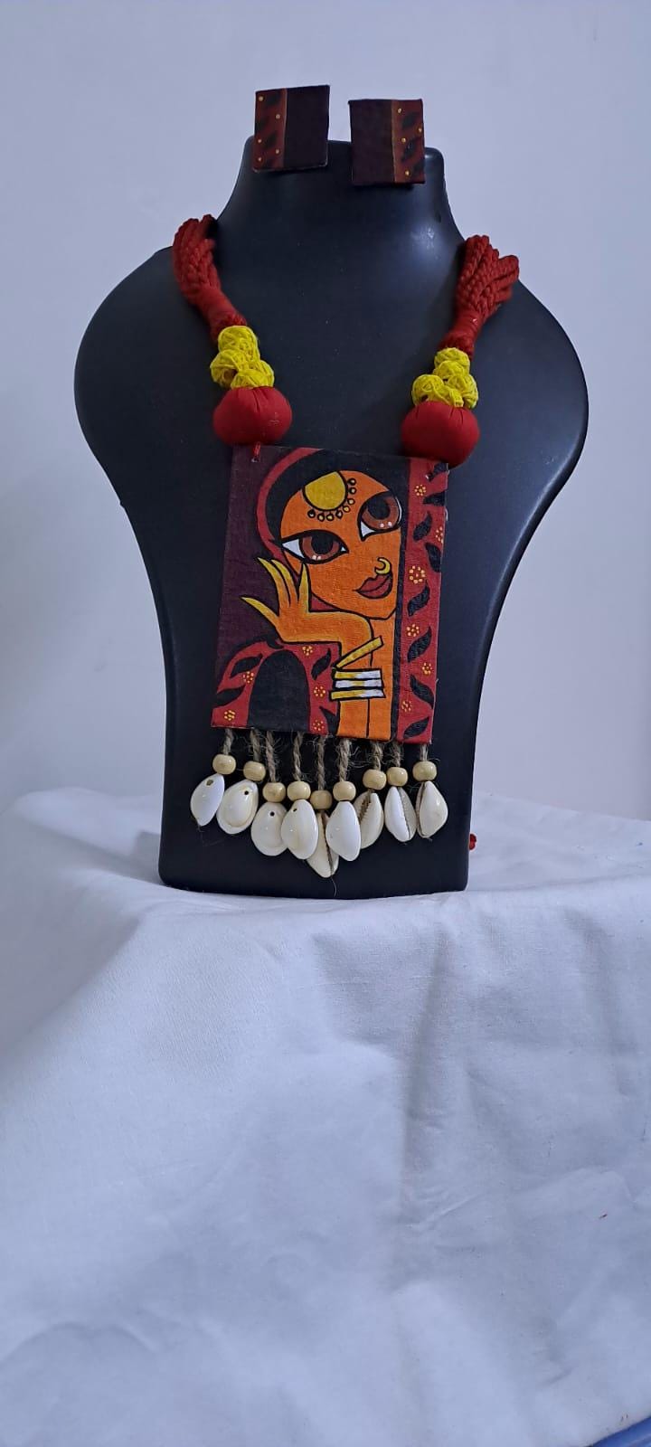 Handpainted fabric necklace set with earrings
