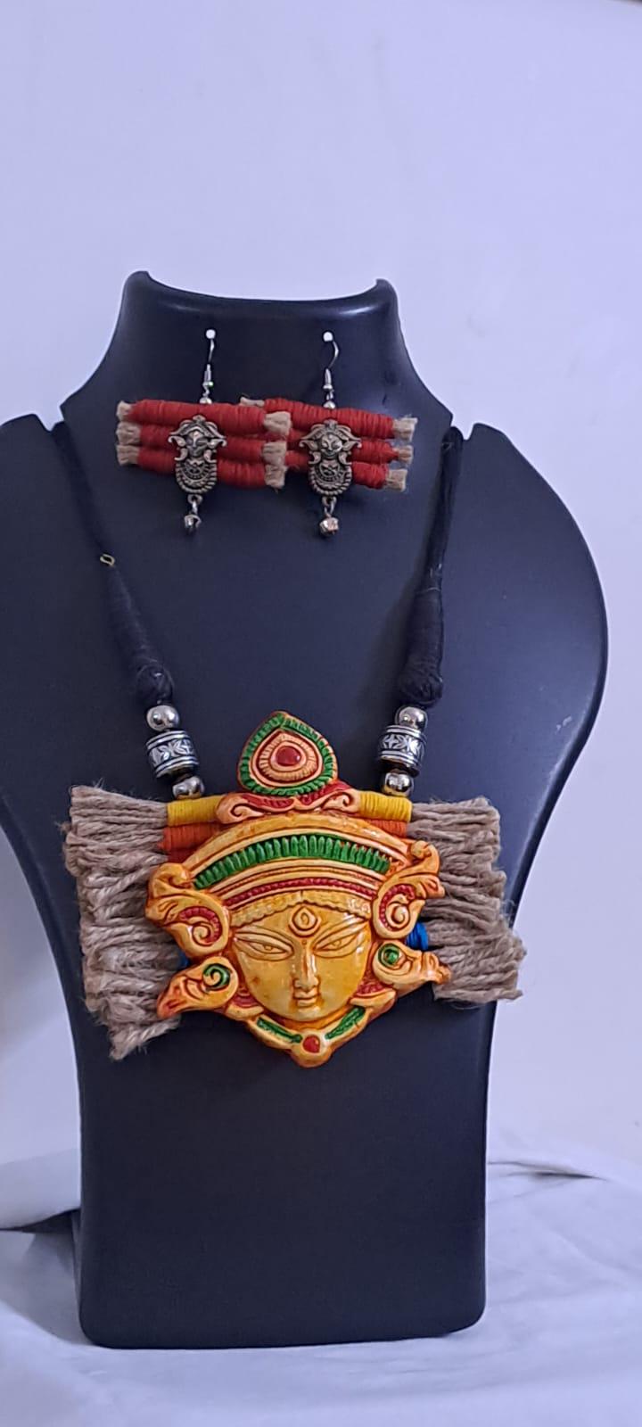 Terracotta Durga pendant jute necklace set with matching earrings