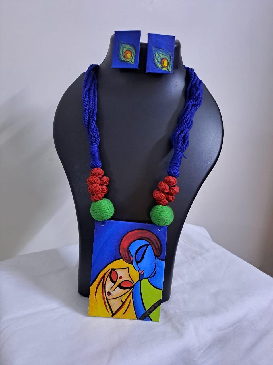 Handpainted fabric jewellery set with matching earrings