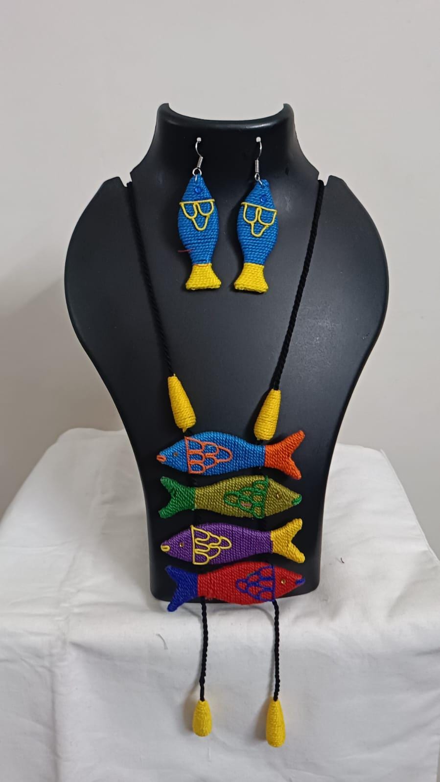 Multi colour crochet thread necklace with fish pendant and matching thread earrings