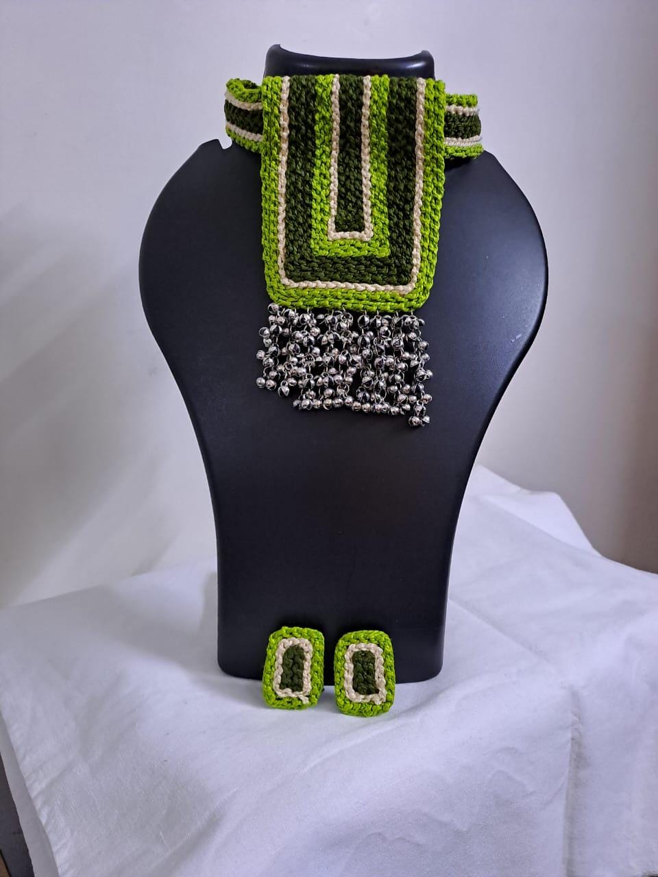 Green Crochet thread necklace set with matching earrings