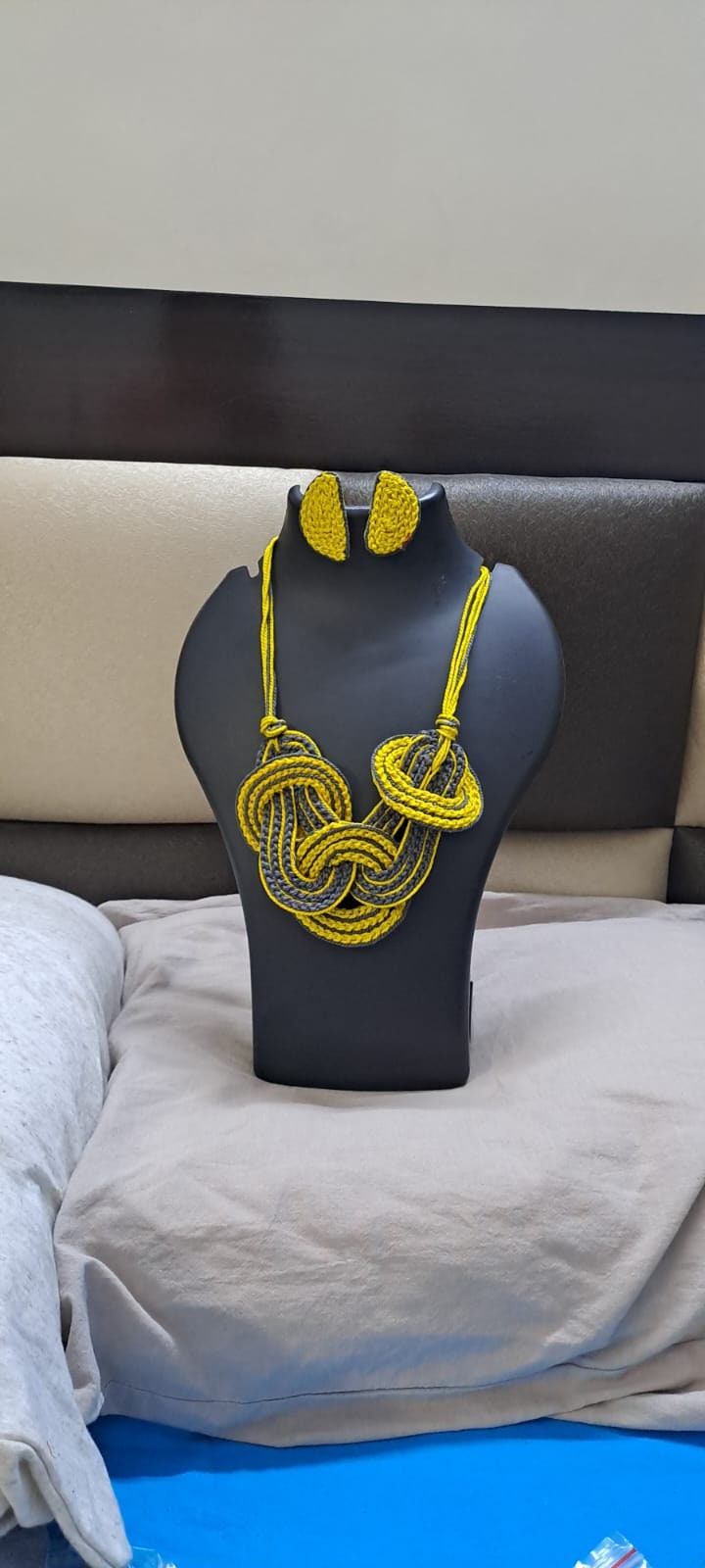 Celtic knot thread necklace with matching thread earrings.