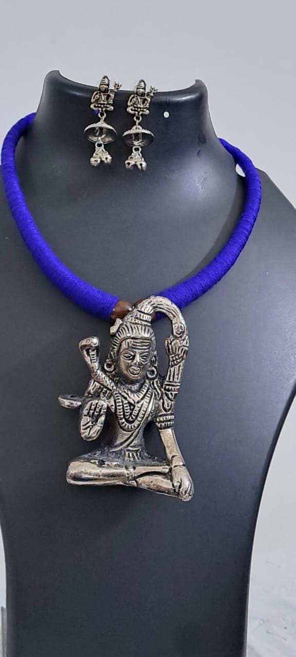Blue thread necklace with silver oxidised lord shivji pendant