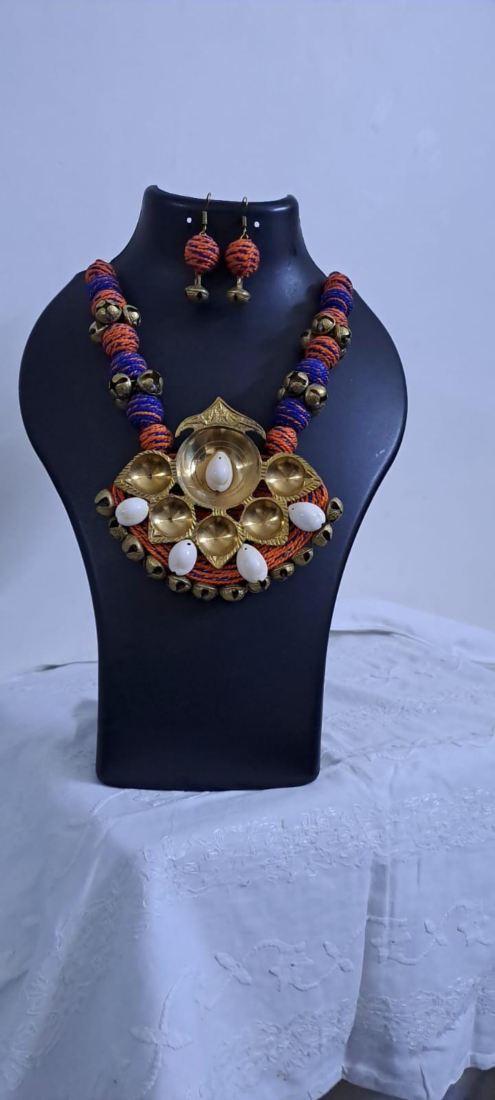 Blue Orange thread beads necklace set with dokra pendant n matching earrings