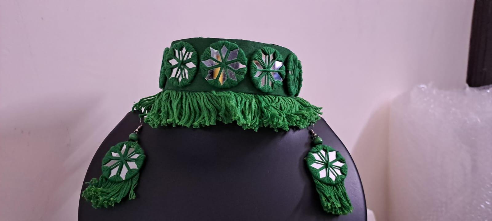 Handmade Kutch Glass work choker necklace with glass work earrings
