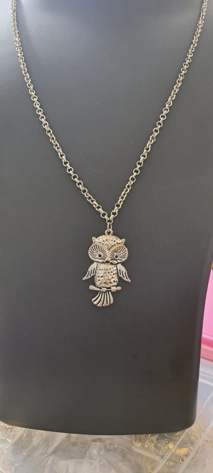 Oxidised silver chain with owl pendant and matching earrings.