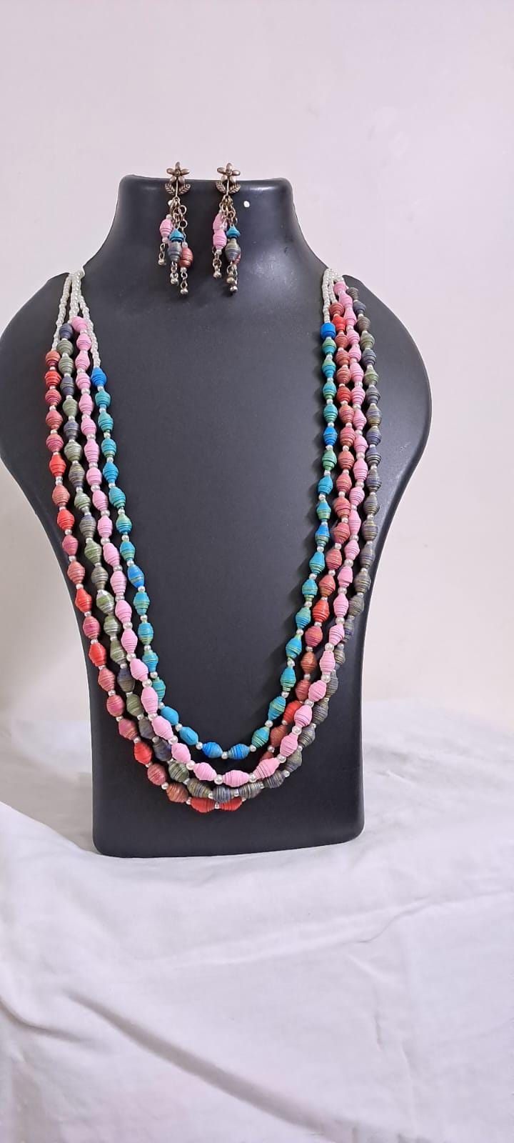 Blue, pink, grey n red paper beads necklace set