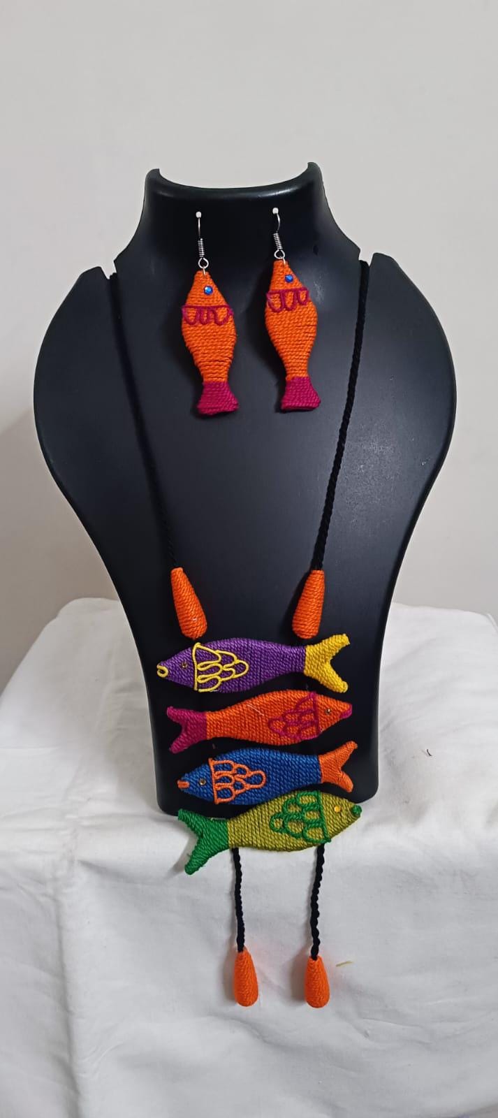 Multi colour crochet thread necklace with fish pendant and matching thread earrings