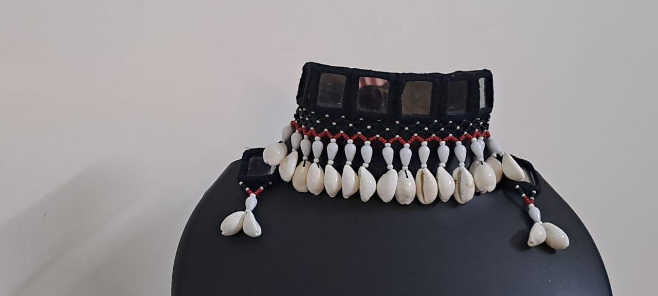 Handmade Kutch Glass work choker necklace with beads n shell fringes and glass work earrings