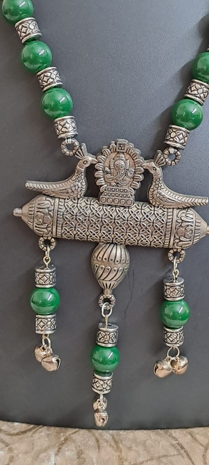 Green glass beads necklace with silver oxidised pendant